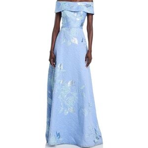 Teri Jon Off-the-Shoulder Metallic Floral Jacquard Gown